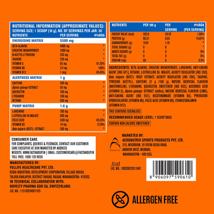 Fast&Up Pre-Workout Supplement Powder (30 Servings, Watermelon Flavour) | Pre Workout Supplement For Men & Women with B-Alanine, Creatine, Taurine For Performance & Energy Boost, 300 gm