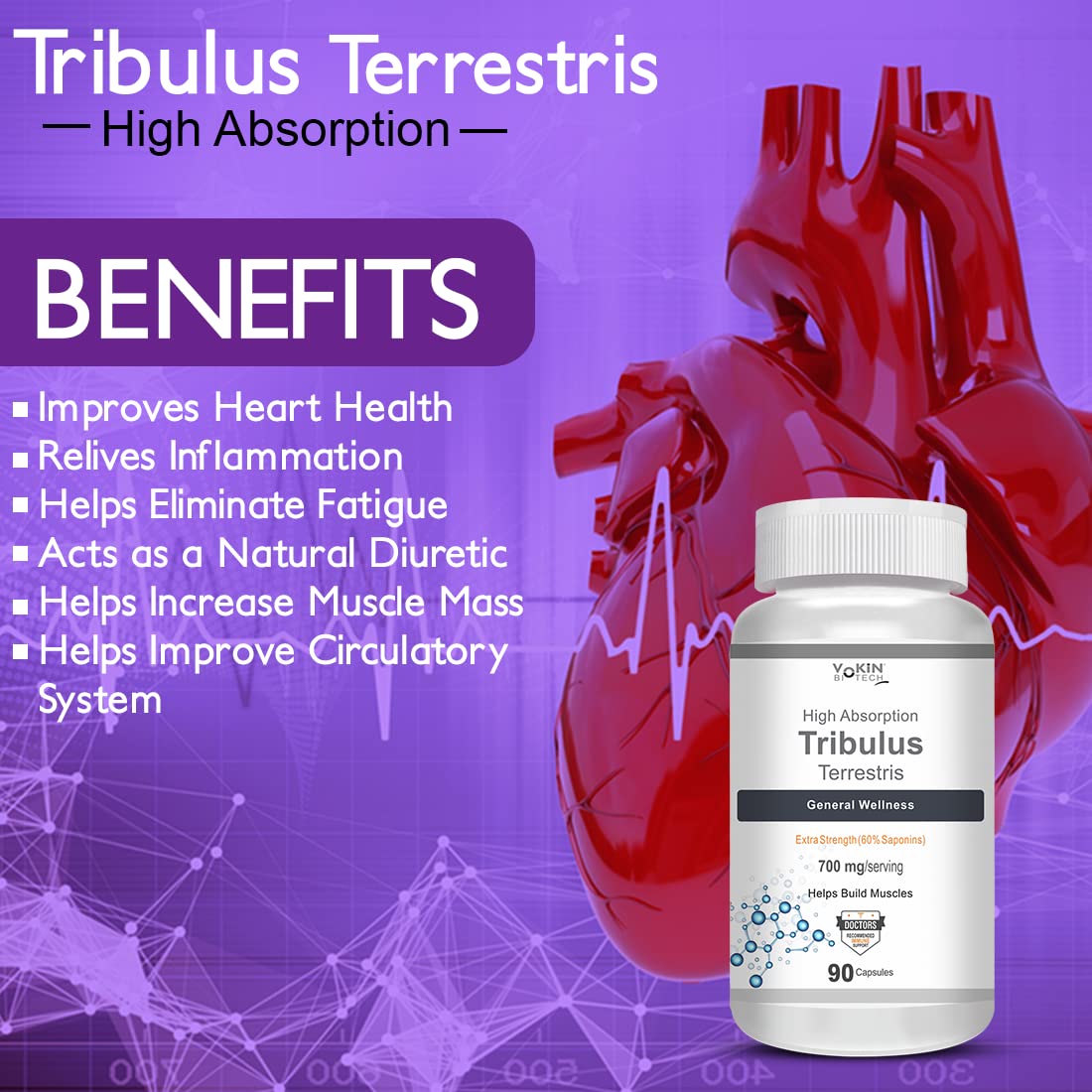 Tribulus Terrestris supplement bottle with heart illustration and benefits listed on a purple background