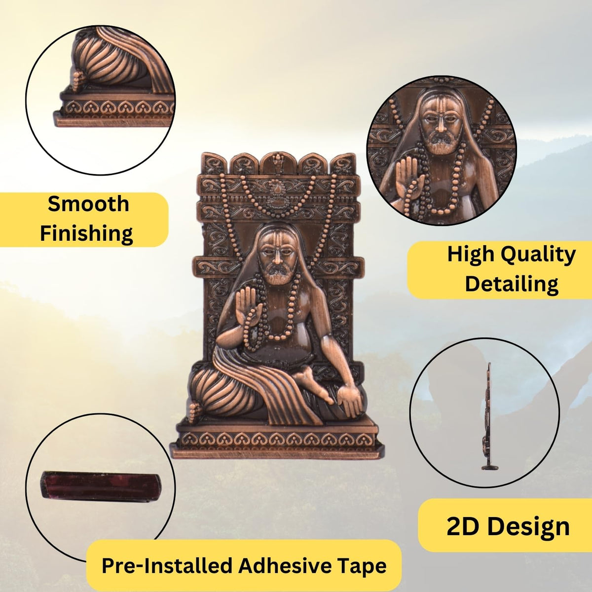 Shri Raghavendra Swami Idol for Car Dashboard | Sri Raghavendra Swamy Murti | Spiritual Blessings & Protection | Golden, Silver Black, Copper, Brass Finishes | Anti-Slip Base(S979-CPR)
