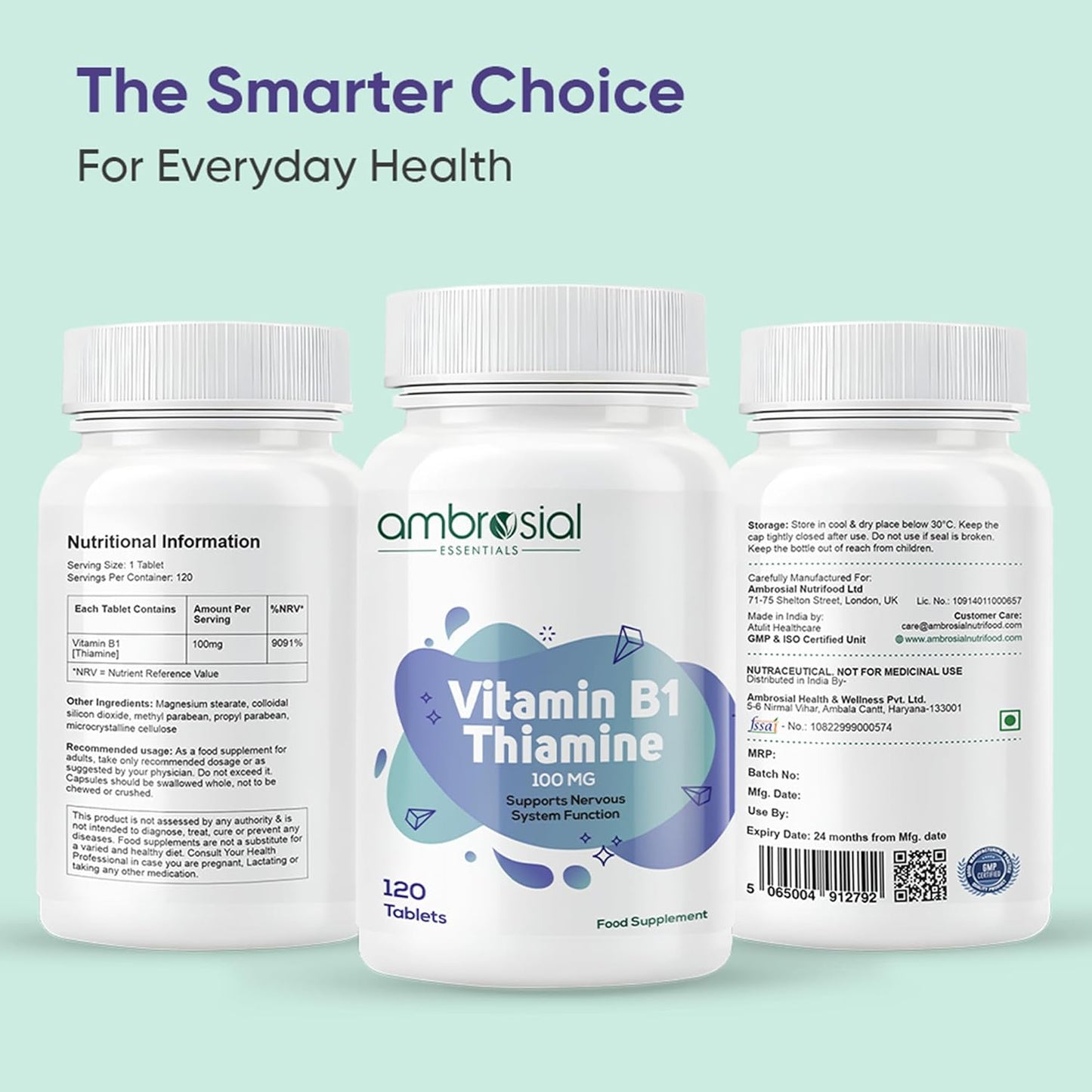 Three bottles of ambrosial Vitamin B1 Thiamine supplements on a light green background.