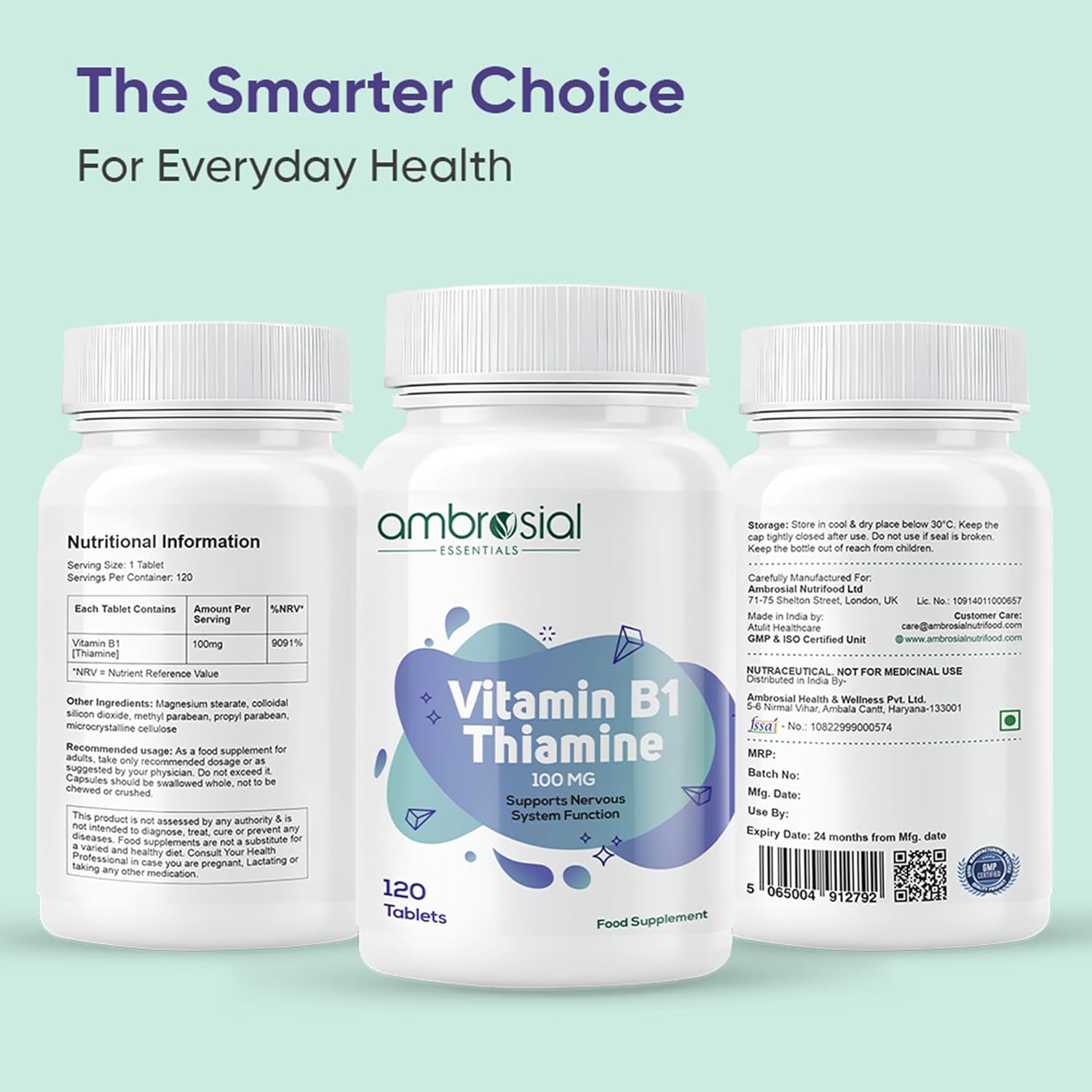 Three bottles of ambrosial Vitamin B1 Thiamine supplements on a light green background.