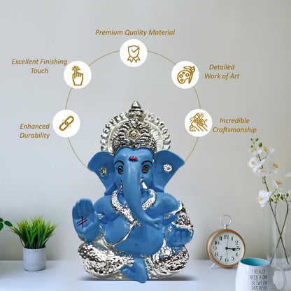 999 Silver Plated Ganesha Idol for Home Decor Puja |Ganesh Idol for Home Decor Ganpati for Gift 3.5 inches |Ganesh Statue Gift for Office Desk Puja Room Figurine (8.89 x 5.08 cm) (Sky Blue)