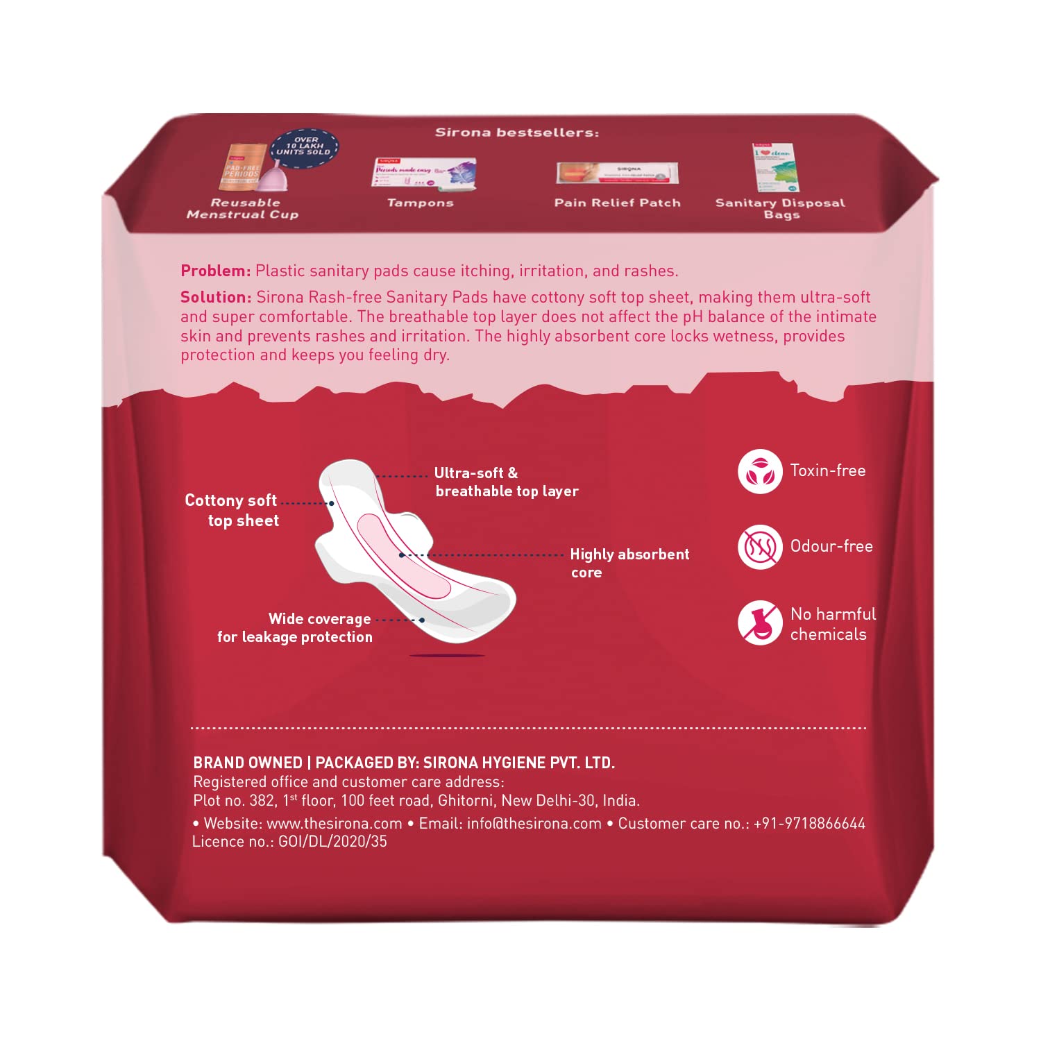Red packaging of Sirona sanitary pads with product features and branding details.