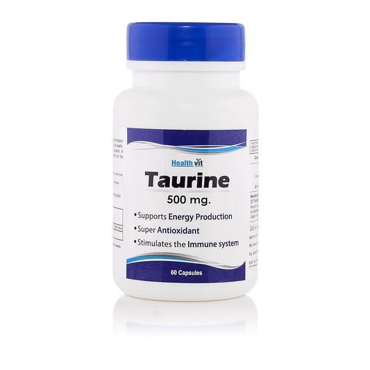 Healthvit Taurine 500 mg supplement bottle on a white background