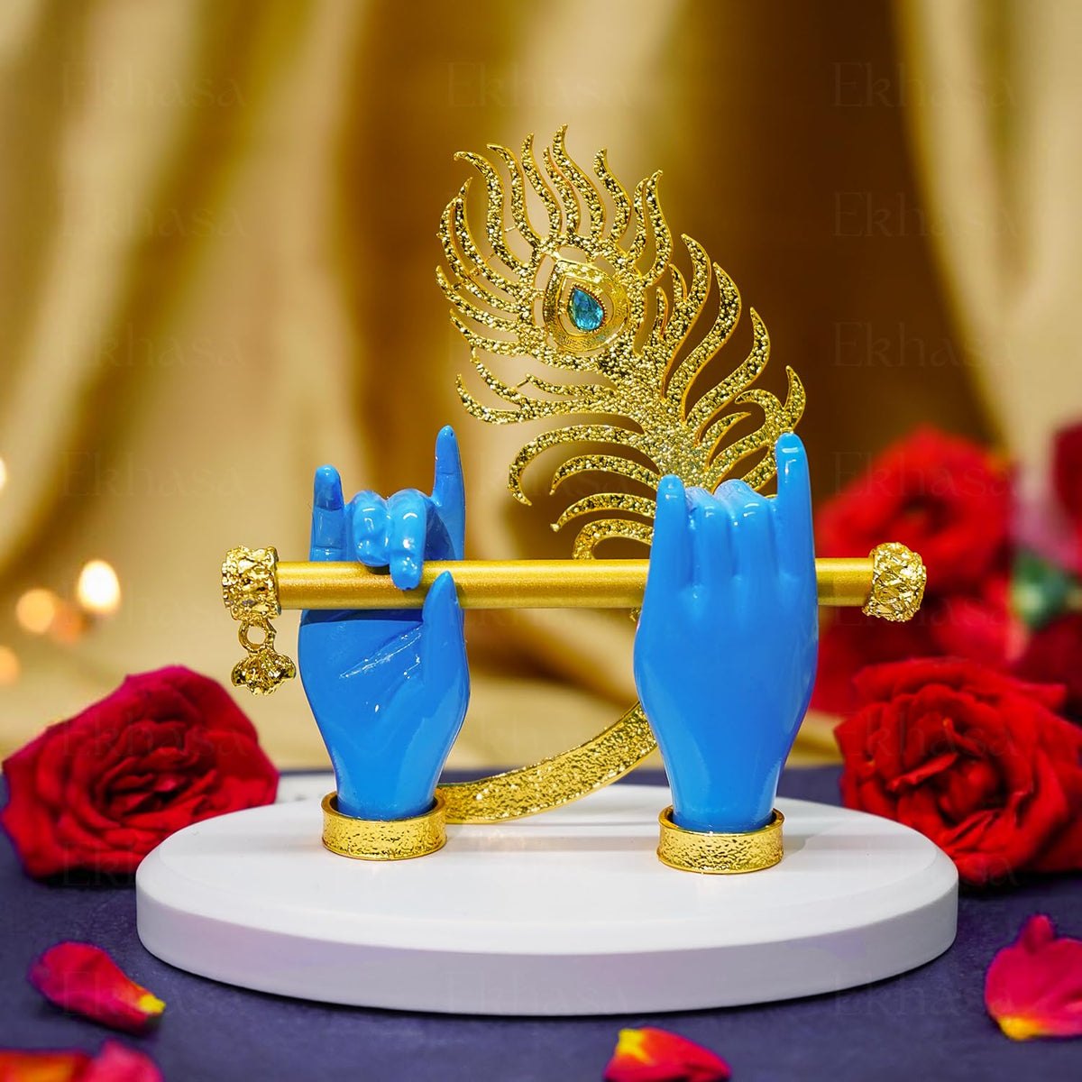 Ekhasa Lord Krishna Hands with Flute Idol (Small Size) | Krishna Flute Hand Statue | Krishnaji Divine Hands Idol with Flute and Peacock Feather | Krishna Statue for Car Dashboard & Griha Pravesh Gift