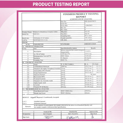 Product testing report with a pink border and text