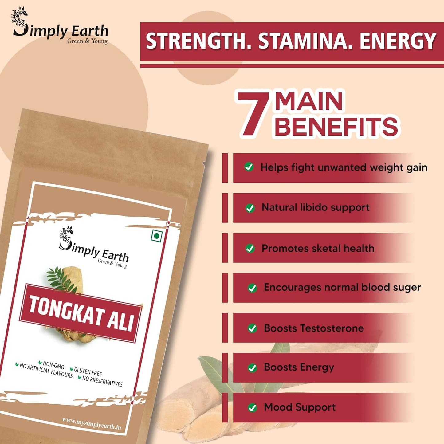 Simply Earth Men’s Performance Duo - Tongkat Ali Longjack Root Extract 50g & Korean Red Ginseng 100g - Natural Supplement for Stamina, Energy, and Stress Tolerance