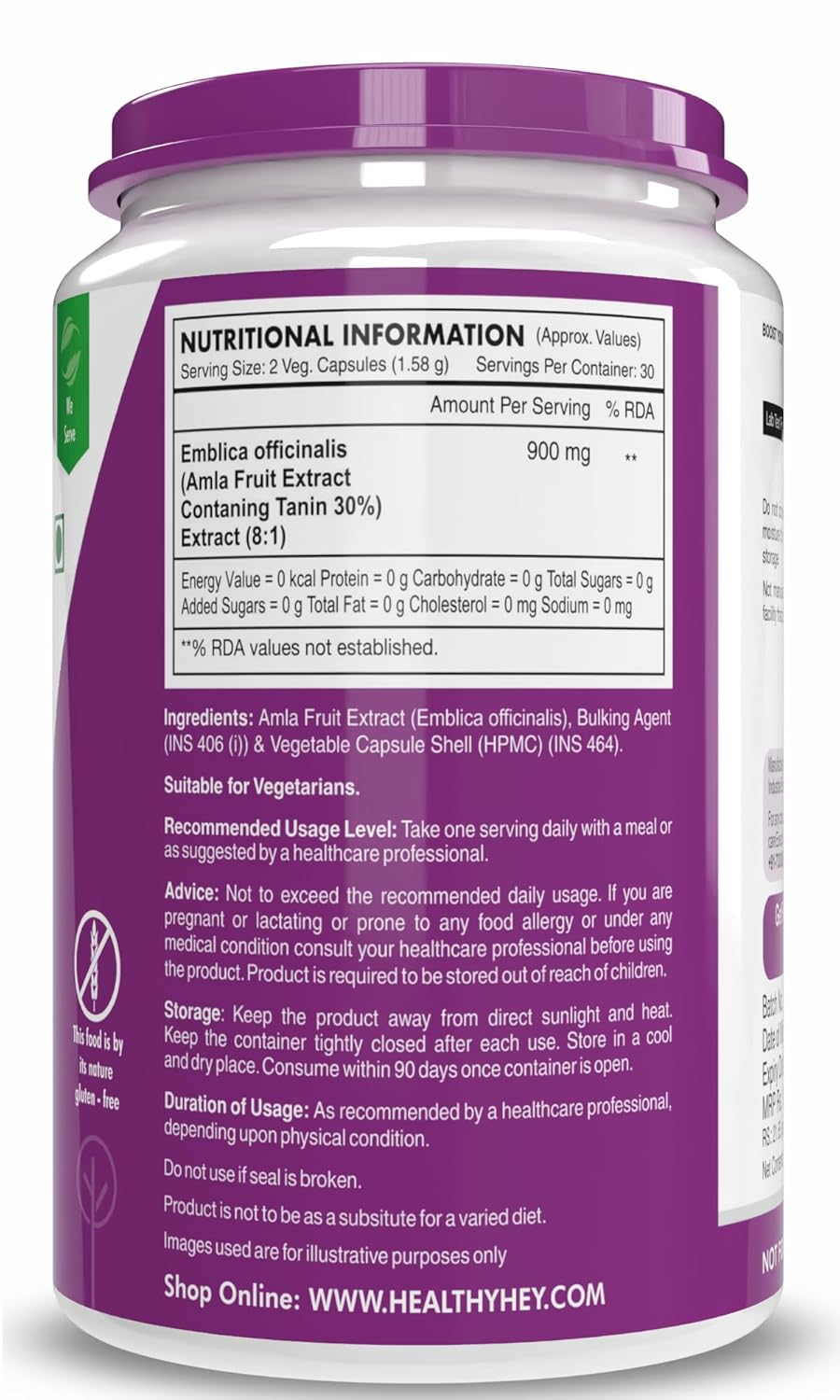 Nutritional information label on a supplement container with a purple lid and white body.