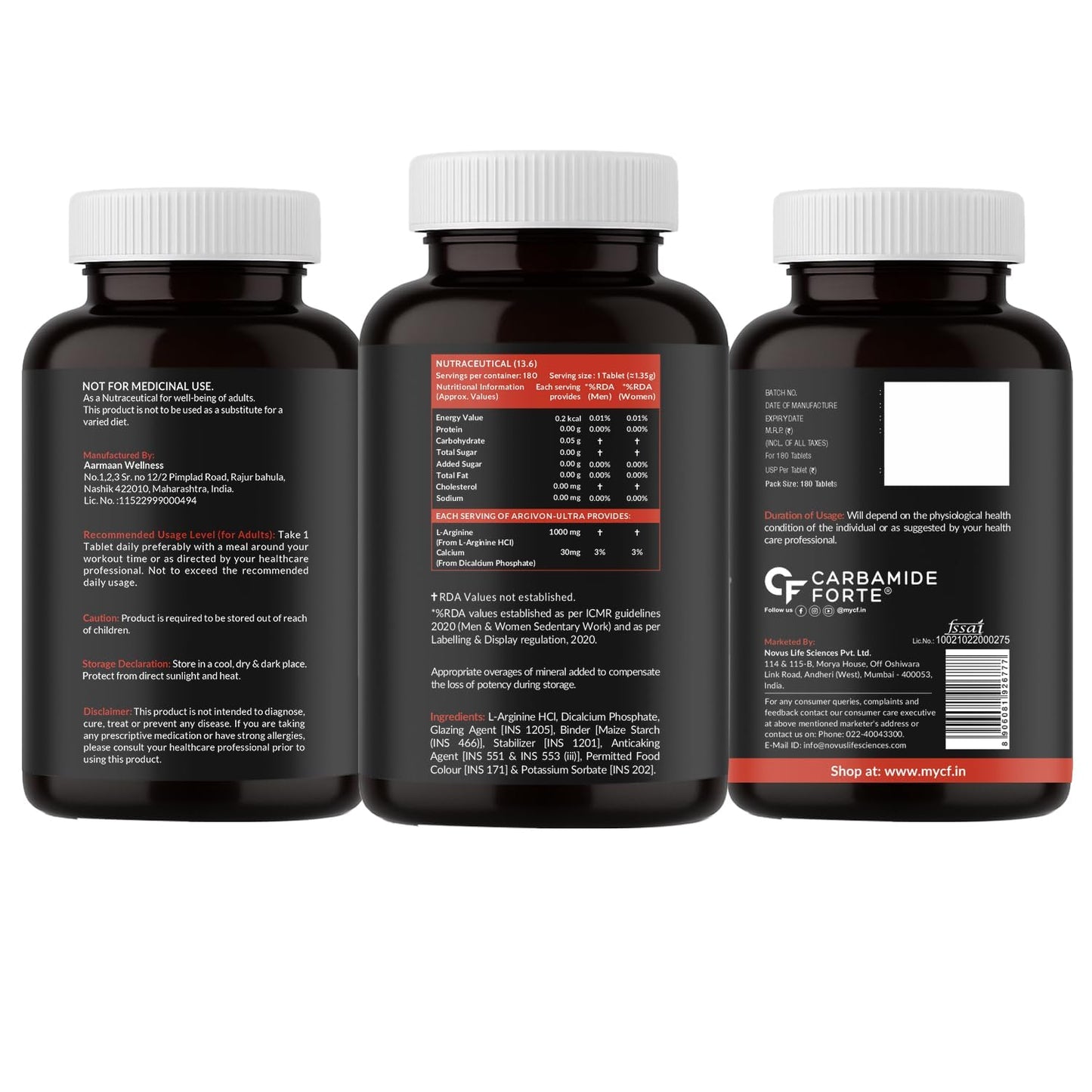 Carbamide Forte L Arginine 1000mg Tablets | L Arginine Tablet Supplement for Men & Women | Nitric Oxide Booster | Supports Blood Flow, Oxygen Delivery & Workout Performance | Veg 180 Tablets