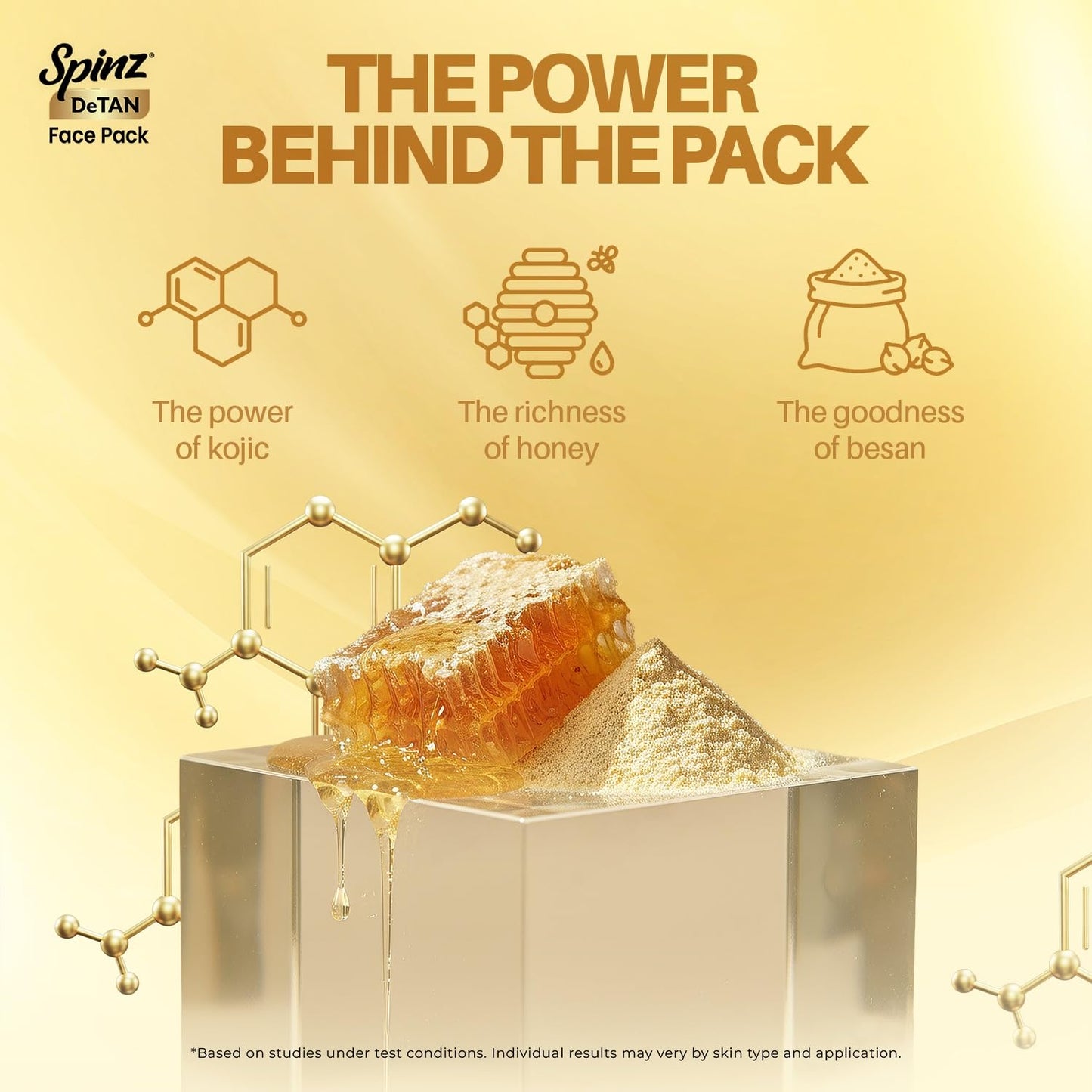 Spinz DeTan Face Pack with Besan, Honey & Kojic Acid | Tan Removal cream for Brightening & Glow | Salon-like Glow in 15 mins | 100gm