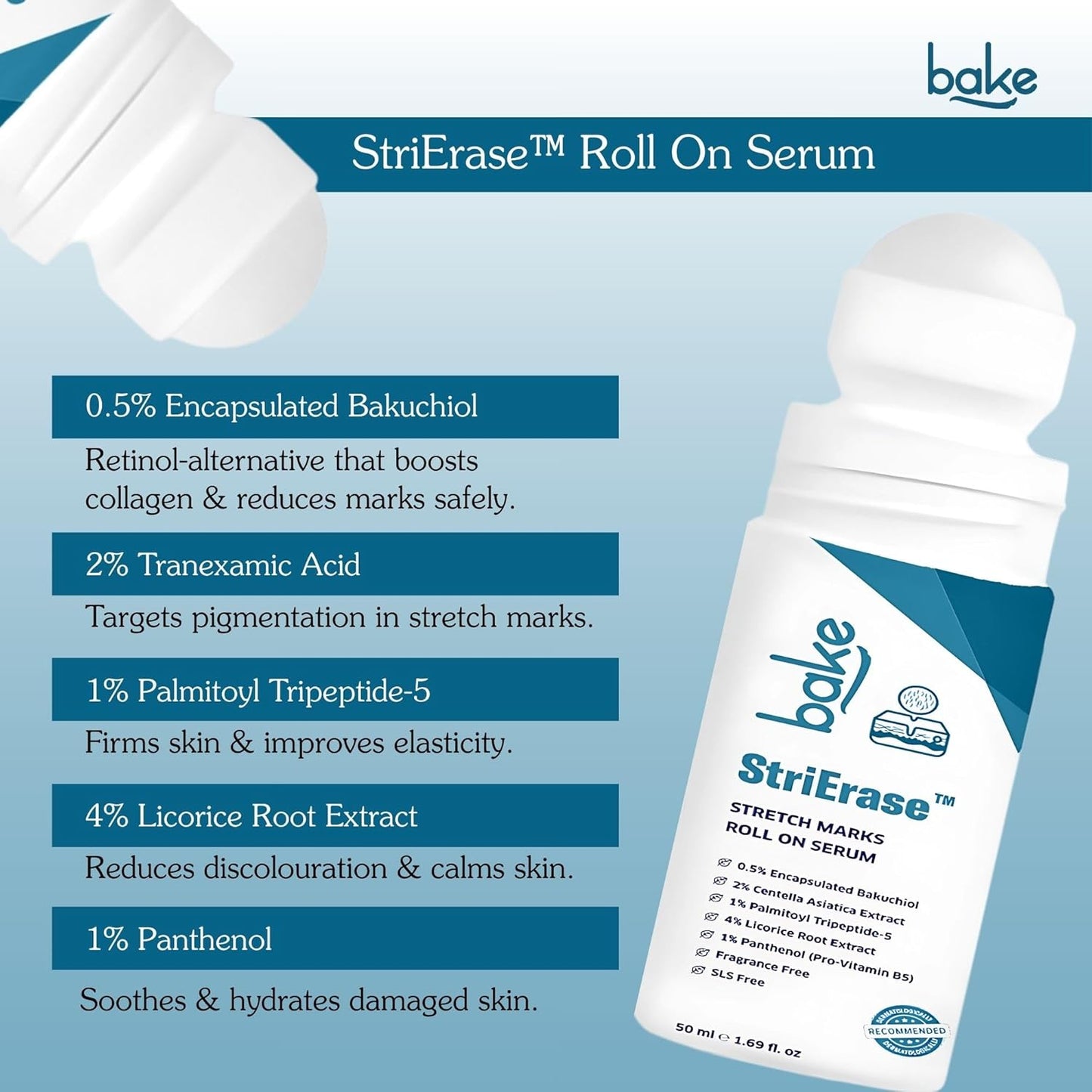 BAKE StriErase™ Stretch Marks Removal Roll On Serum | For Pregnancy Use | 0.5% Encapsulated Bakuchiol, 2% Centella Asiatica | Fades Stretch Marks & Scars, Firms Skin & Improves Uneven Skin | Fragrance Free, SLS Free – 50ml
