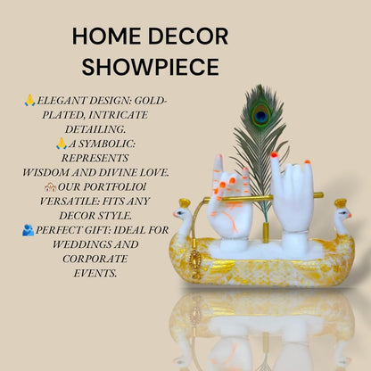 Krishna Hands with Flute Idol, Divine Hand Statue with Peacock Feather, White and Gold Decorative Figurine