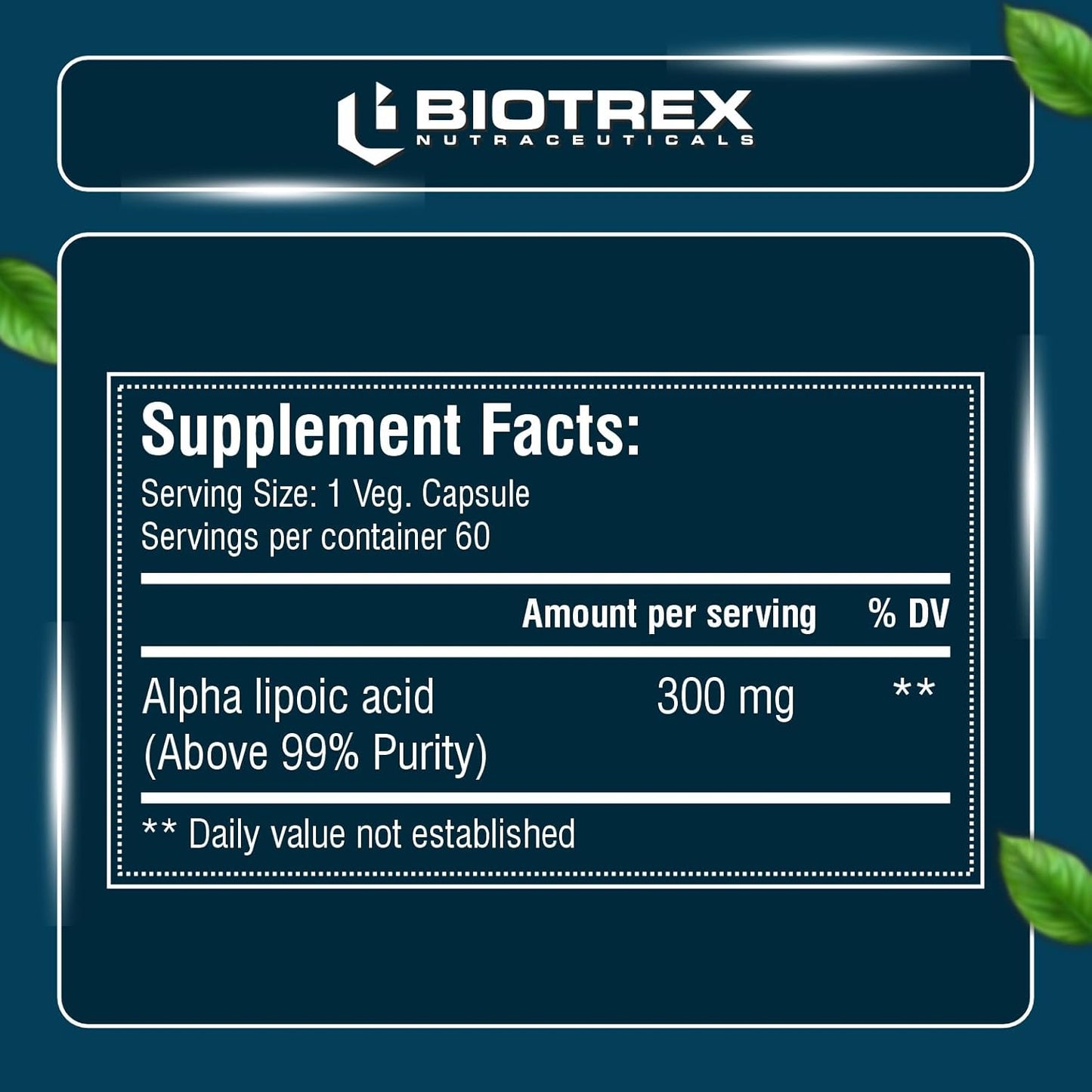 Biotrex Nutraceuticals Alpha Lipoic Acid (ALA) 300mg | Supports Cognitive & Nerve Health | Potent Antioxidant | Healthy Liver & Skin Health | Immunity | Energy & Metabolism | Non GMO | 60 Veg Capsules