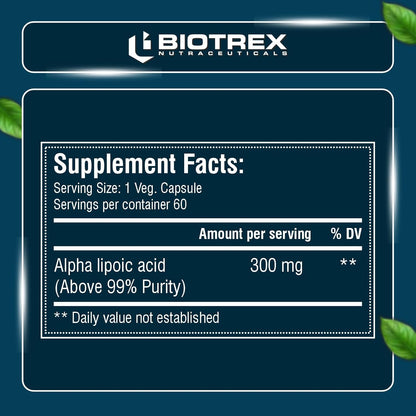 Biotrex Nutraceuticals Alpha Lipoic Acid (ALA) 300mg | Supports Cognitive & Nerve Health | Potent Antioxidant | Healthy Liver & Skin Health | Immunity | Energy & Metabolism | Non GMO | 60 Veg Capsules