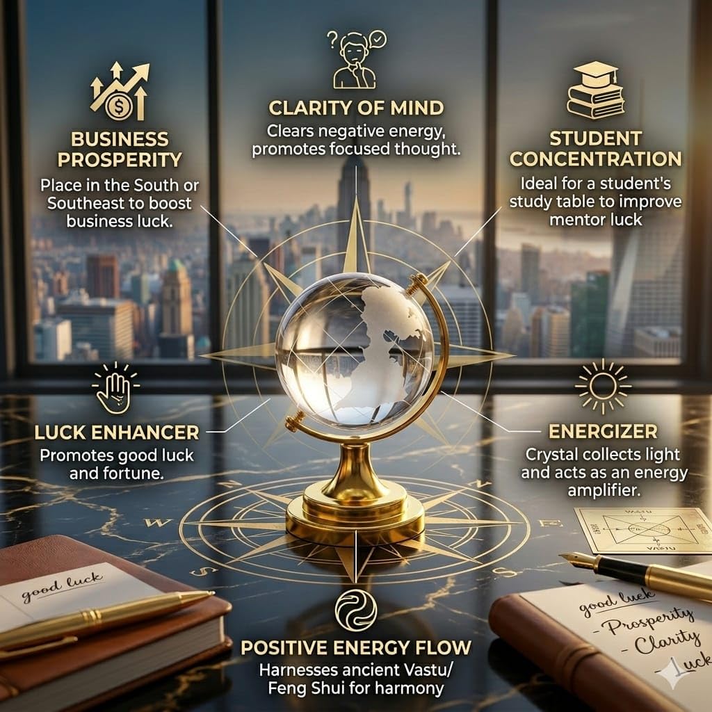 Feng Shui Crystal Globe Idol with Golden Stand | Vastu Glass Miniature Globe for Positive Energy, Success, Good Luck and Prosperity | Vastu Remedy, Study Table, Office (Export Quality)