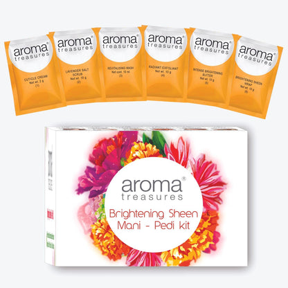 Aroma Treasures Brightening Sheen Mani-Pedi Kit |Arbutin, Lavender, Orange & Lemongrass for Skin Brightening & Tan Removal | 6-Step Manicure Pedicure Kit with Bath Salt, Scrub, Butter & Wrap