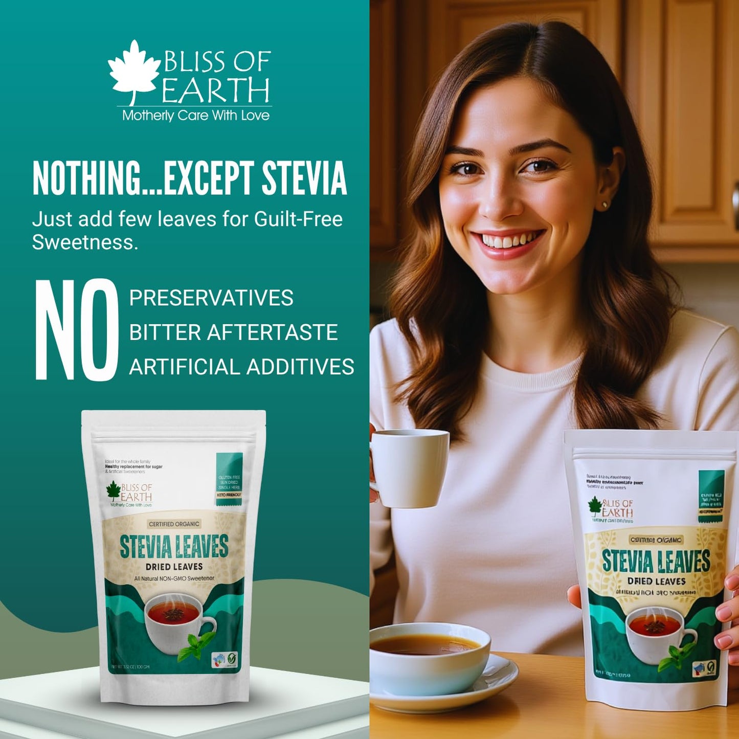 Bliss of Earth Organic Stevia Leaves Dried, Natural & Sugarfree, Best Taste, 100GM