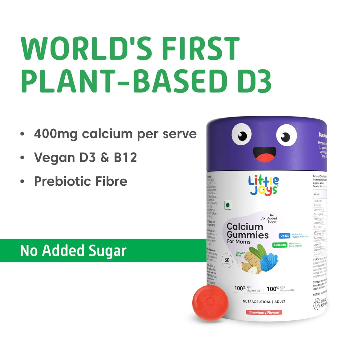 Little Joys Calcium and Vitamin D3 Gummies for Women | Plant-based Vitamin B12 & Prebiotic Fiber | 400mg Calcium/Gummy| Supports Bone Strength,Joint & Muscle Health |Gut-Friendly Formula | No Added Sugar | Pack of 30