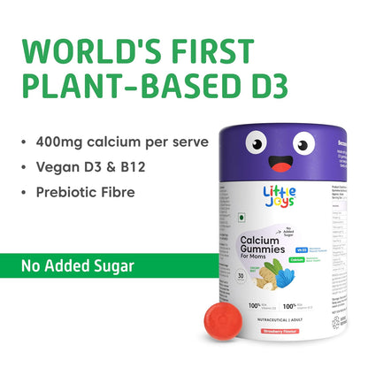 Little Joys Calcium and Vitamin D3 Gummies for Women | Plant-based Vitamin B12 & Prebiotic Fiber | 400mg Calcium/Gummy| Supports Bone Strength,Joint & Muscle Health |Gut-Friendly Formula | No Added Sugar | Pack of 30