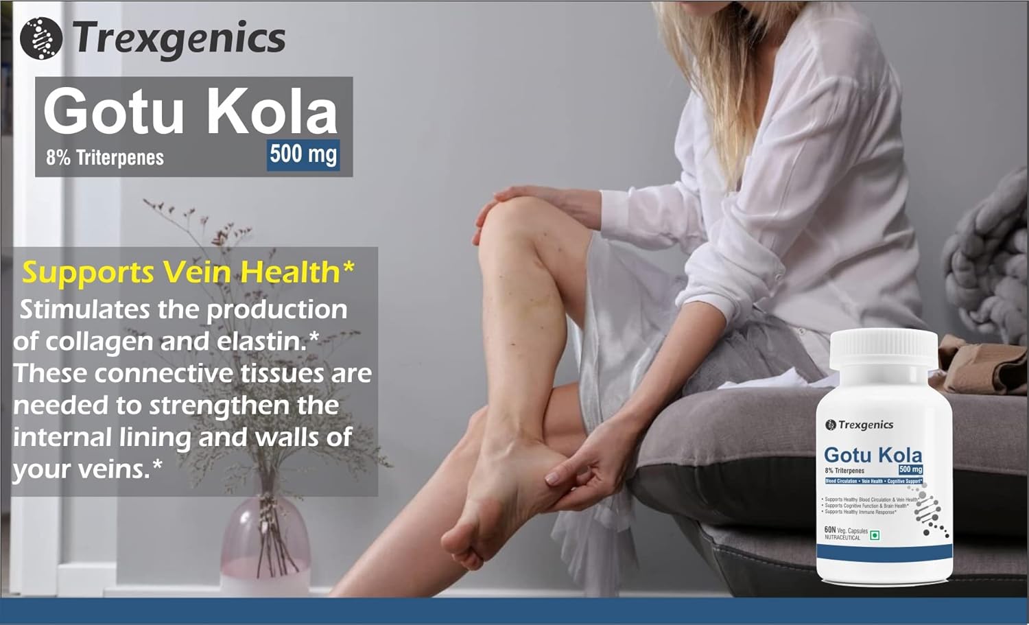 Advertisement for Trexegenics Gotu Kola supplement with a woman examining her legs.