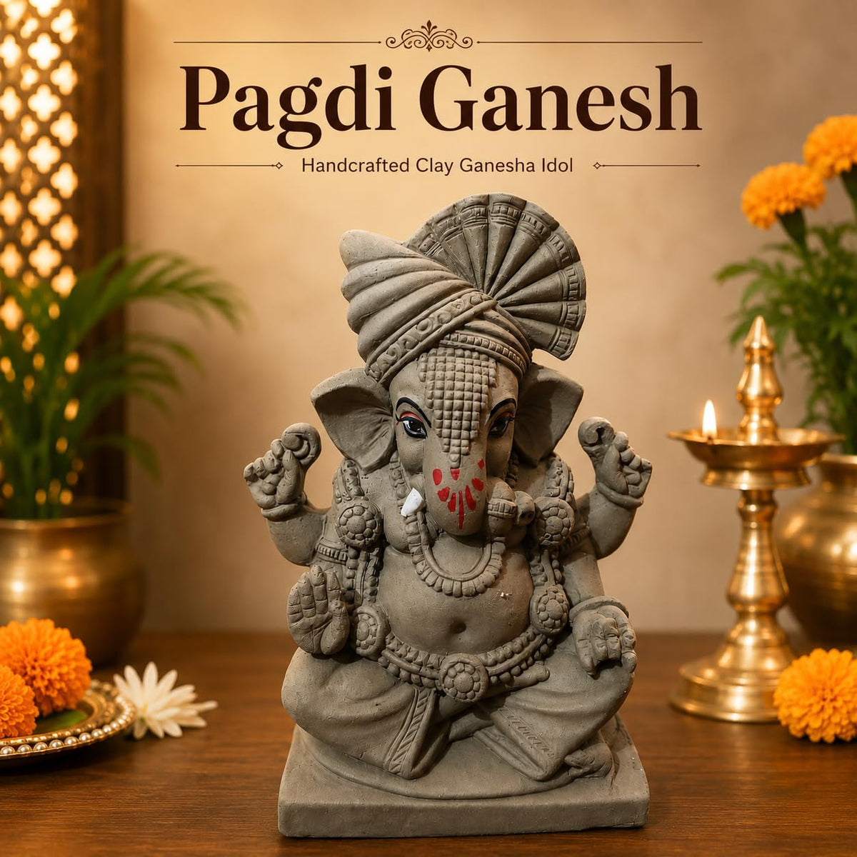 KSI 5.2 Inch Handmade Clay Ganesh Idol for Ganesh Chaturthi | Eco-Friendly Mitti Ganpati Murti | Traditional Pagdi Ganesha Idol for Home Decoration & Visarjan