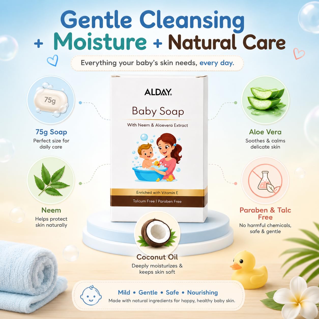 75g Baby Soap with Neem, Aloe Vera & Coconut Oil | Gentle, Moisturizing & Safe for Sensitive Skin | Paraben & Talc Free | Daily Baby Bath Soap
