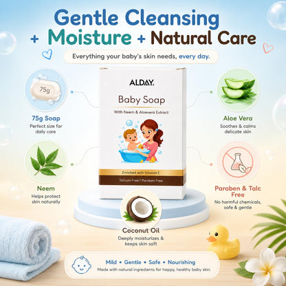 75g Baby Soap with Neem, Aloe Vera & Coconut Oil | Gentle, Moisturizing & Safe for Sensitive Skin | Paraben & Talc Free | Daily Baby Bath Soap