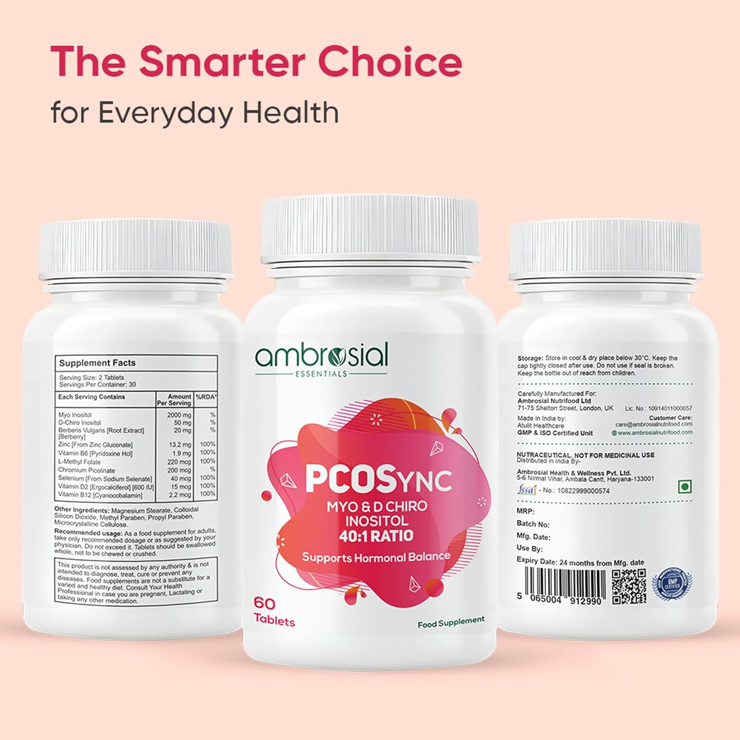 Three bottles of ambrosial PCOSync supplement on a pink background with text 'The Smarter Choice for Everyday Health'.