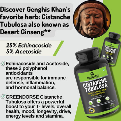 GREENDORSE Organic Cistanche Tubulosa standardised to 25% Echinacoside, 5% Acetoside with Kali Musli Extract 1000mg | 3rd Party Tested| For Strength, Performance, Vitality- 60 Veg Capsules