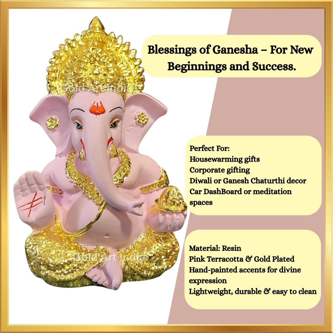 Gold Art India Gold Plated Ganesha with Terracotta Colour - Perfect for Car Dashboards, Office & Home Shelves, Diwali Puja, and Gifting (MukutGoldPink 3.5"), Idol