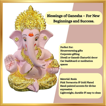 Gold Art India Gold Plated Ganesha with Terracotta Colour - Perfect for Car Dashboards, Office & Home Shelves, Diwali Puja, and Gifting (MukutGoldPink 3.5"), Idol