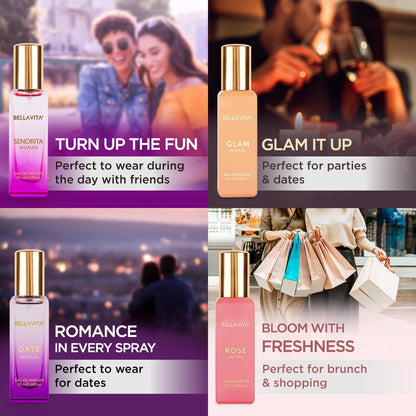 Promotional collage of Bellavita perfume bottles with lifestyle images and text descriptions.