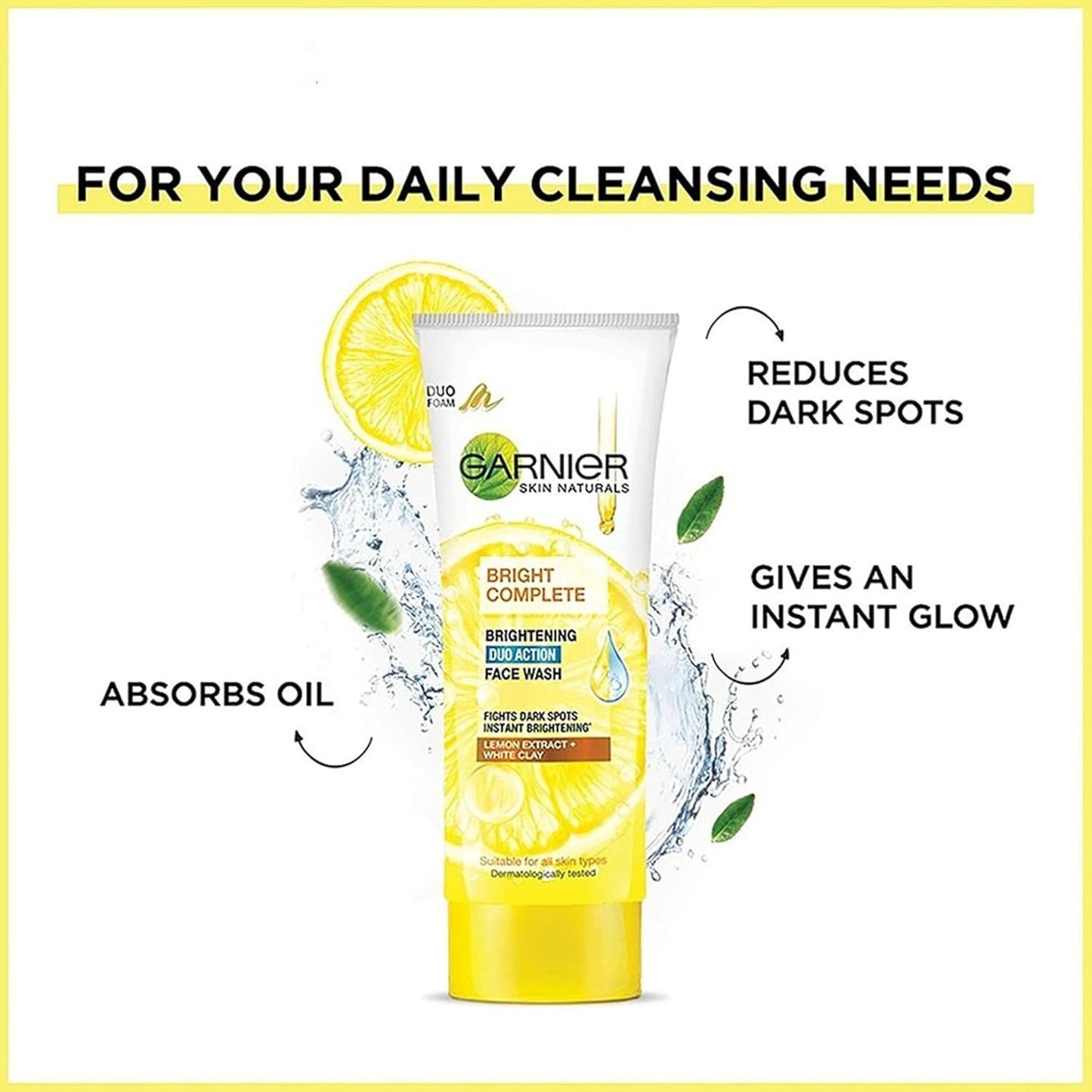 Garnier Bright Complete face wash with lemon slices and water droplets on a white background