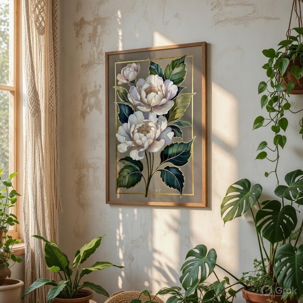 Elegant White Floral Botanical Wall Art with Wooden Frame | Luxury Flower HD UV Laminated Print on MDF | Modern Aesthetic Decor for Living Room Bedroom Office 13.5 Inch x 19.5 Inch
