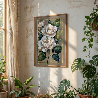 Elegant White Floral Botanical Wall Art with Wooden Frame | Luxury Flower HD UV Laminated Print on MDF | Modern Aesthetic Decor for Living Room Bedroom Office 13.5 Inch x 19.5 Inch
