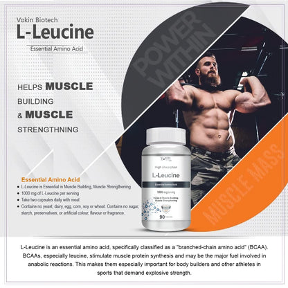 Vokin Biotech L-Leucine supplement packaging with a muscular man and product details.