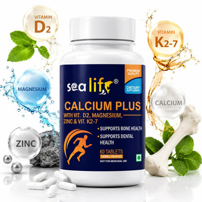 Sea Life Calcium Plus (60 Tablets) With Vitamin D2, k2-7 Magnesium & Zinc | Supports Stronger Bones, Teeth, Immunity & Muscle Health For Women and Men.