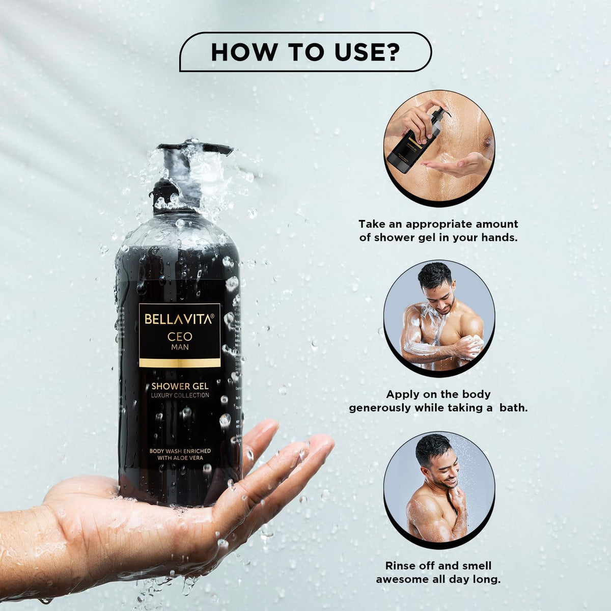 Bottle of Bellavita shower gel with instructions on how to use it.