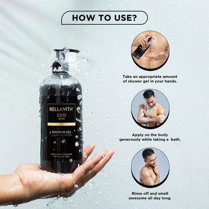 Bottle of Bellavita shower gel with instructions on how to use it.