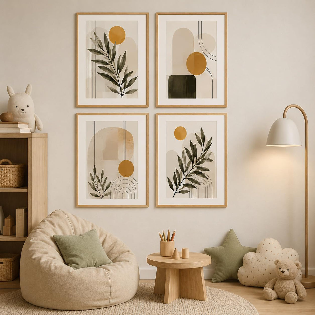 Set of 4 Minimalist Botanical Geometric Wall Paintings with Sparkle Laminate and Premium Wooden Synthetic Frame for Living Room Bedroom Office Decor (13.5 x 19.5 Inch)