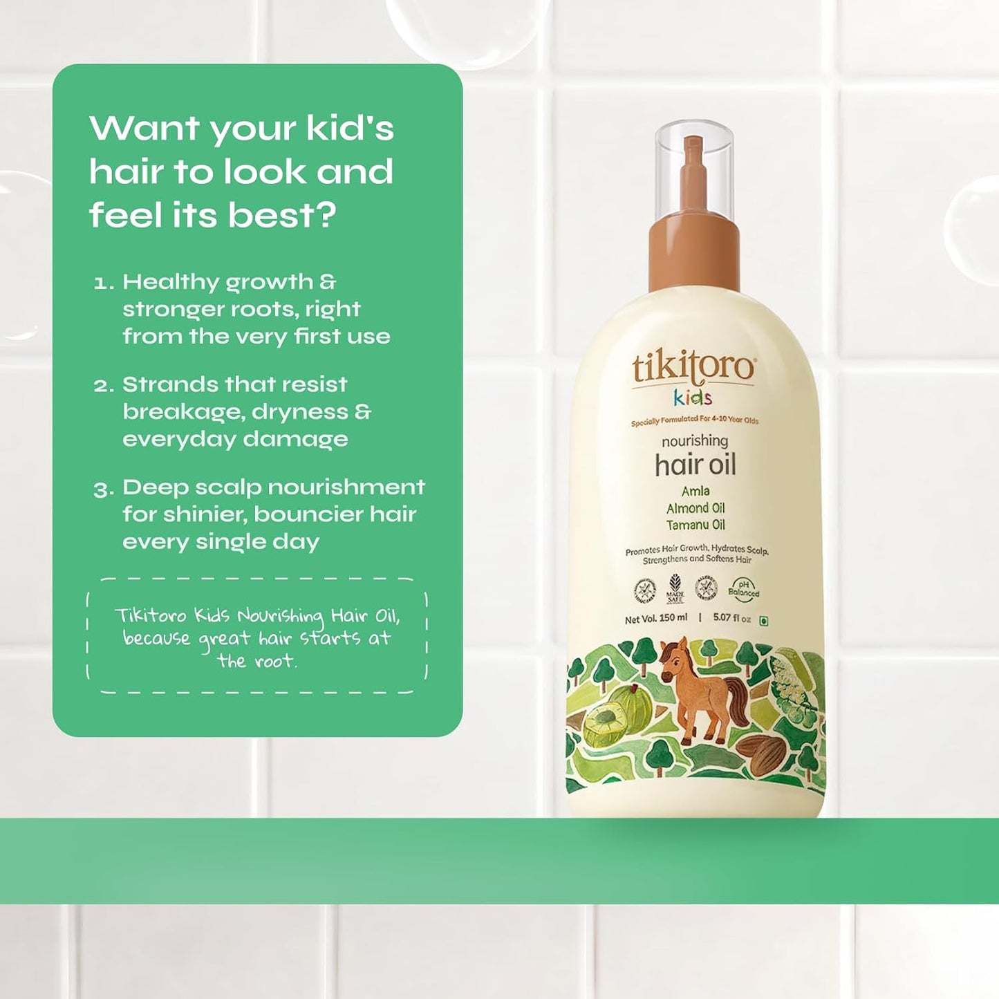 Tikitoro Kids Nourishing Hair Oil, 100% Vegan with Bringha, Amla, Olive, & Argan, Promotes & Conditions Hair Growth & Scalp, Non-sticky, Non-smelly & Non-greasy, No Paraben & Sulphate (150 ml)