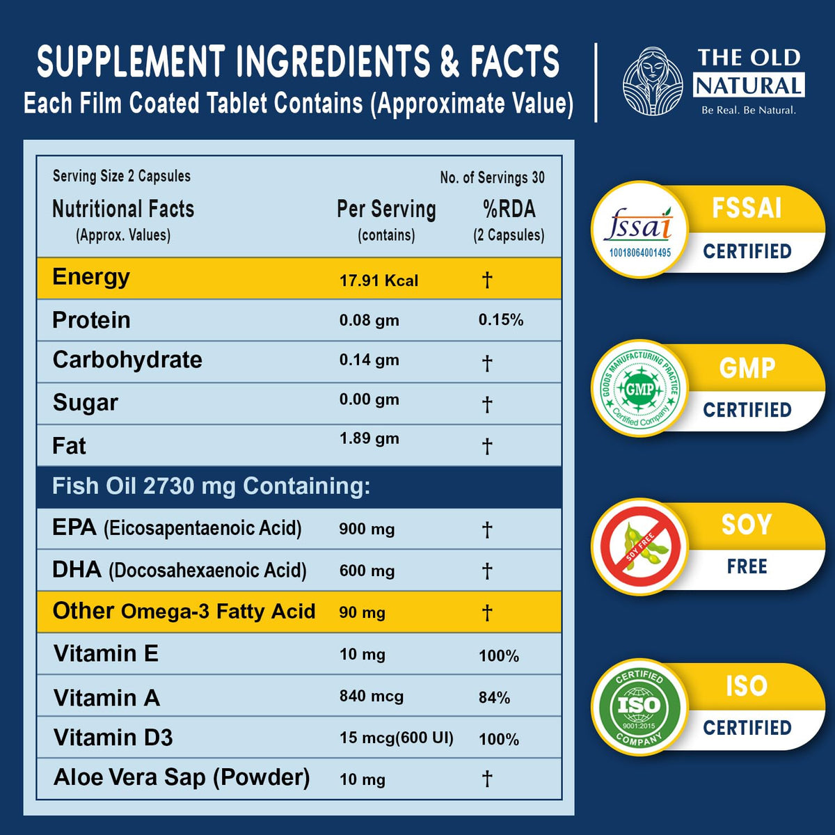 The Old Natural Salmega Omega 3 Fish Oil with Vitamin D3 600 IU – 1590mg High Strength (900mg EPA & 600mg DHA) for Heart, Brain, Joint & Immunity Support – Fish Oil Capsules for Men & Women – 60 Softgels