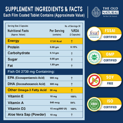 The Old Natural Salmega Omega 3 Fish Oil with Vitamin D3 600 IU – 1590mg High Strength (900mg EPA & 600mg DHA) for Heart, Brain, Joint & Immunity Support – Fish Oil Capsules for Men & Women – 60 Softgels