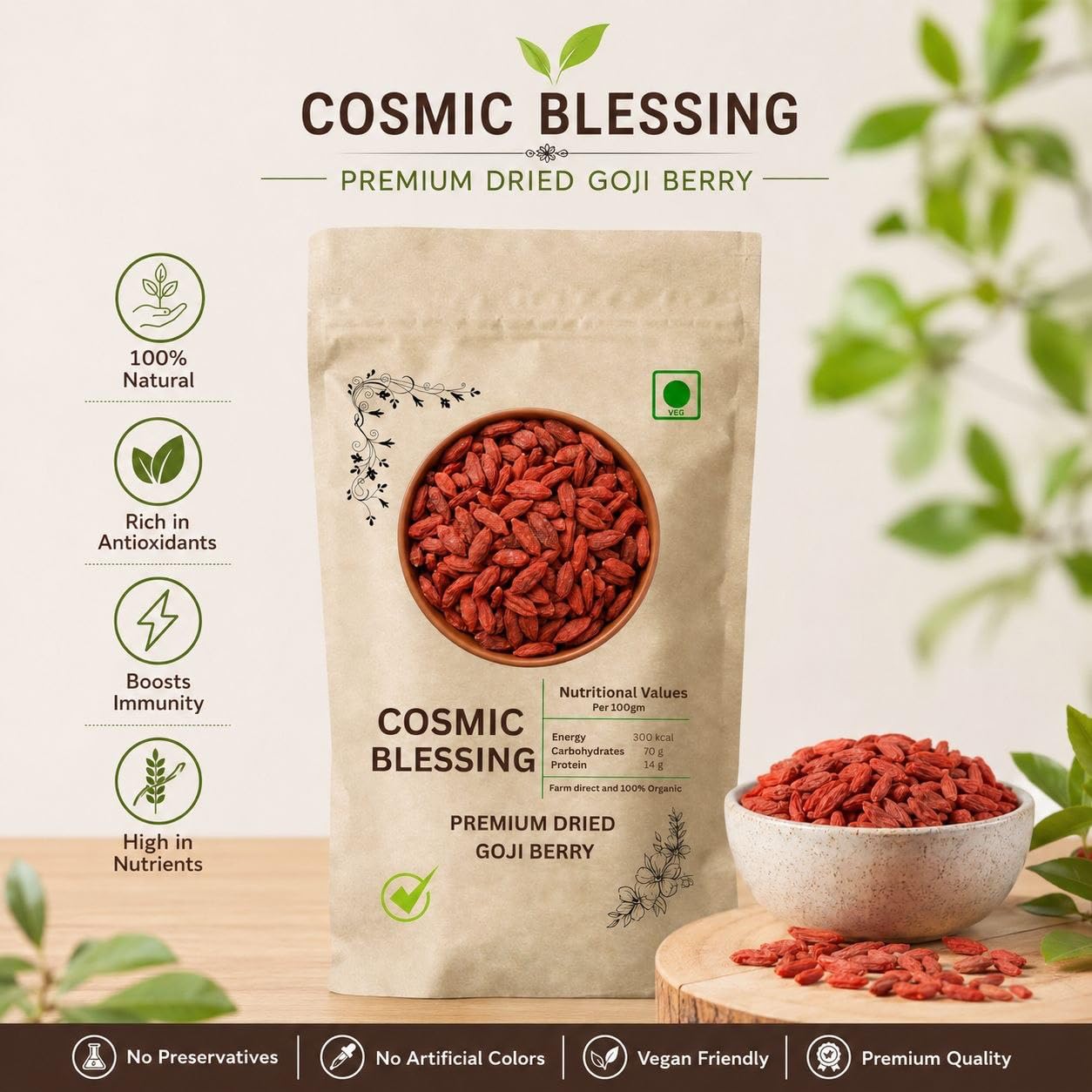 Cosmic Blessing Goji Berries A-grade (Antioxidant-Rich Superfood | Naturally Sweet & Chewy | Great for Snacking, Smoothies & Baking) Premium Organic Gojiberry