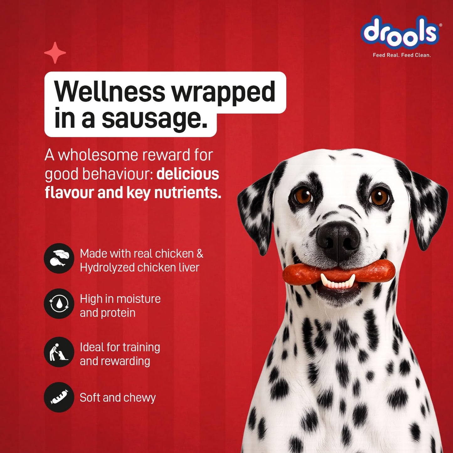 Drools Adult & Puppy Sausage for Dog, 450g | Chicken Flavour | High Protein | Treat & Food Topper | Grain Free | Best for Training & Bonding | No Preservatives