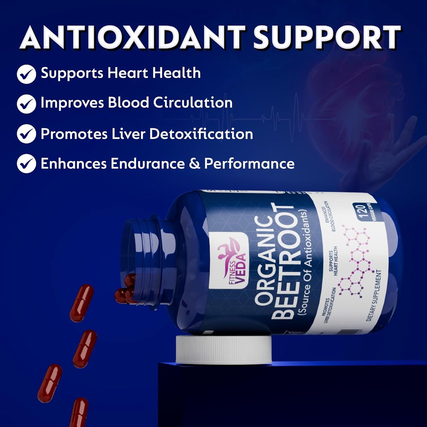 Bottle of Organic Beetroot supplement with text on antioxidant support on a blue background