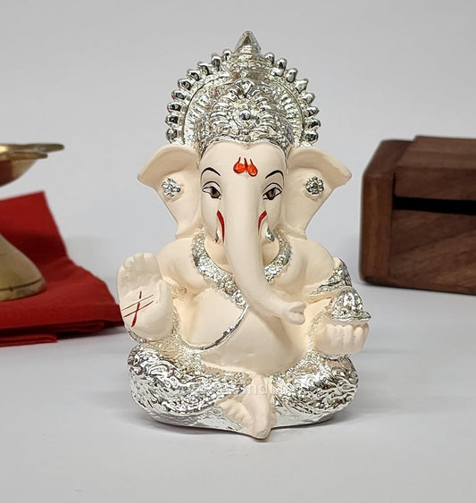 Gold Art India 999 Silver Plated Ganesh Idol for Car Dashboard God Ganesha Idol for Home Decor Ganpati for Gift Home Office Table Shelves Gifting 3.5 inches (Silver) (Silver Cherry Blossom), Idol