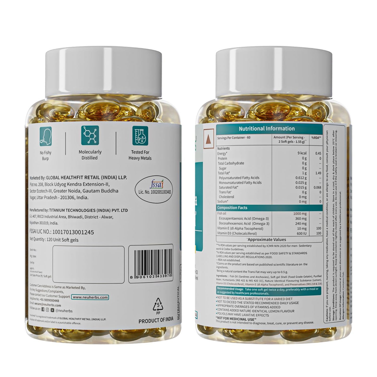 Neuherbs Mini Deep Sea Omega 3 Fish Oil Capsules 1000mg Supplement | EPA - 360mg, DHA - 240mg | With Vitamin E & D3 | Suppots Heart, Brain, Muscle & Joint Health| Lemon Flavour - 120 Softgels