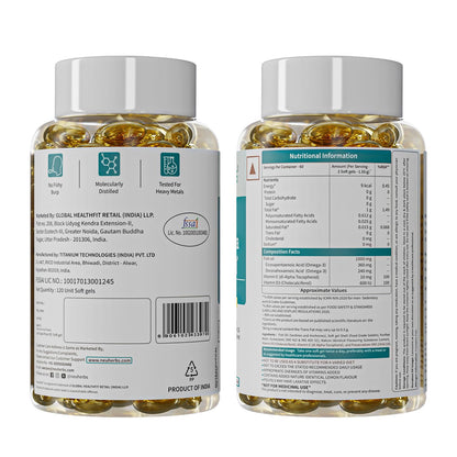 Neuherbs Mini Deep Sea Omega 3 Fish Oil Capsules 1000mg Supplement | EPA - 360mg, DHA - 240mg | With Vitamin E & D3 | Suppots Heart, Brain, Muscle & Joint Health| Lemon Flavour - 120 Softgels