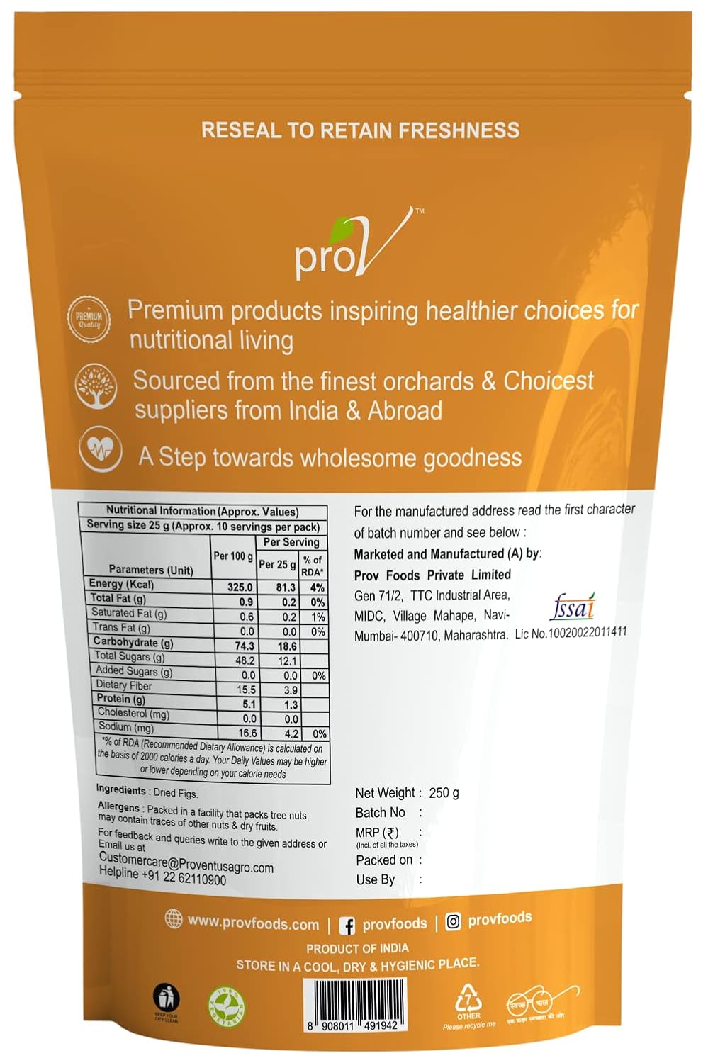 ProV Premium Dried Figs Anjeer | 250g | Rich in Antioxidants | Fiber Rich for Digestion | Healthy Tasty Snack